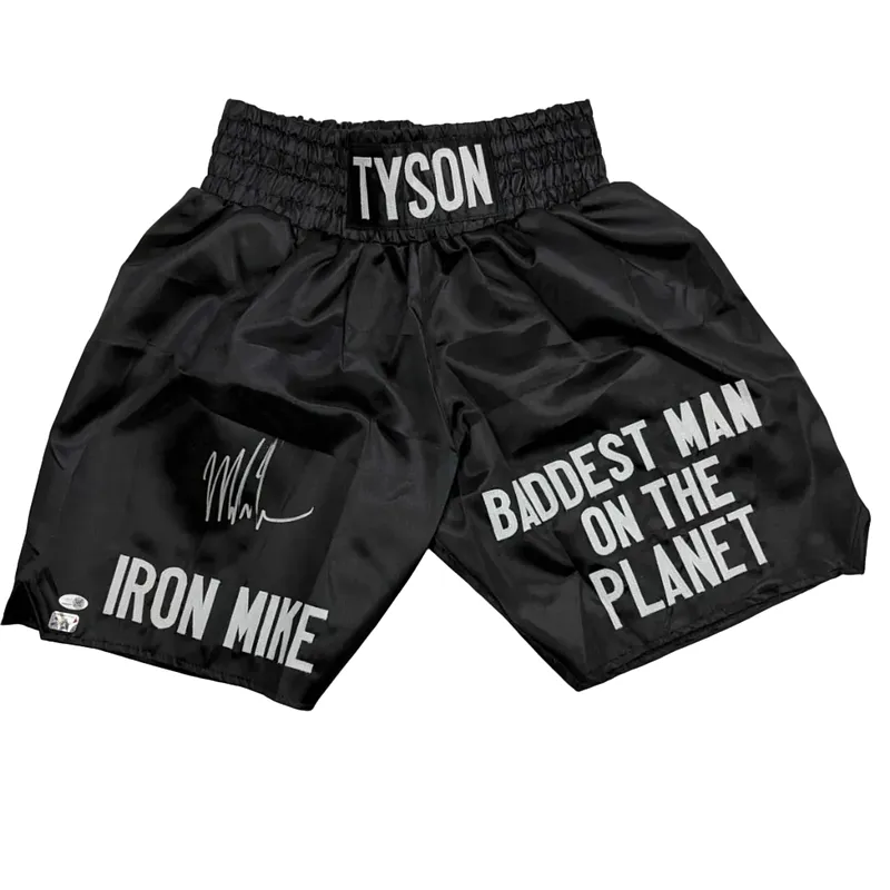 Autographed/Signed Mike Tyson Iron Mike Baddest Man on the Planet Black Boxing Trunks JSA COA