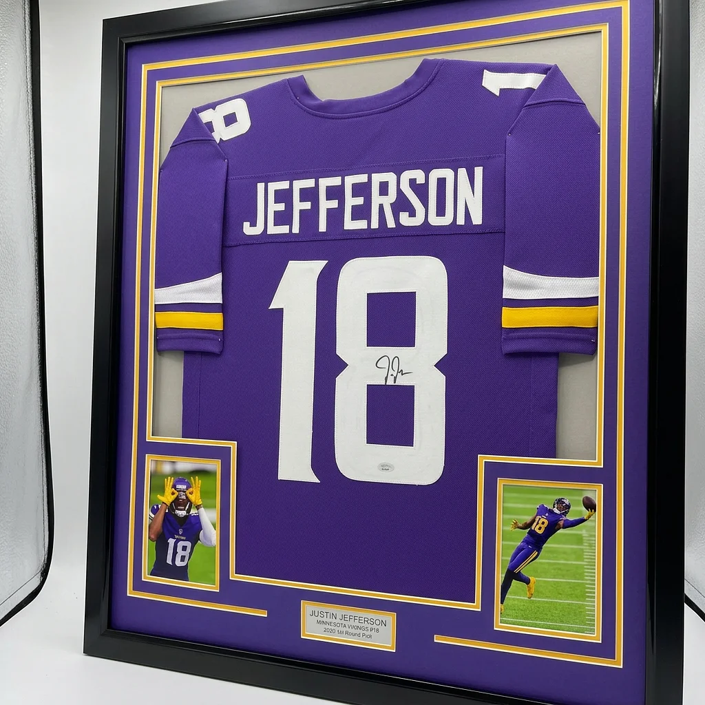 Framed Autographed/Signed Justin Jefferson 35x39 Minnesota Purple Football Jersey JSA COA